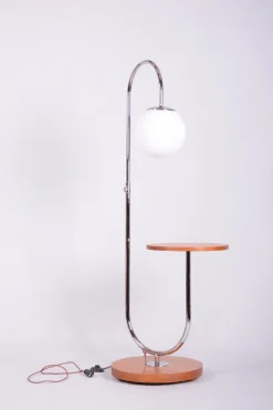 Outlet Pamono Czech Bauhaus Floor Lamp in Oak, Chrome and Glass attributed to Robert Slezak, 1930s