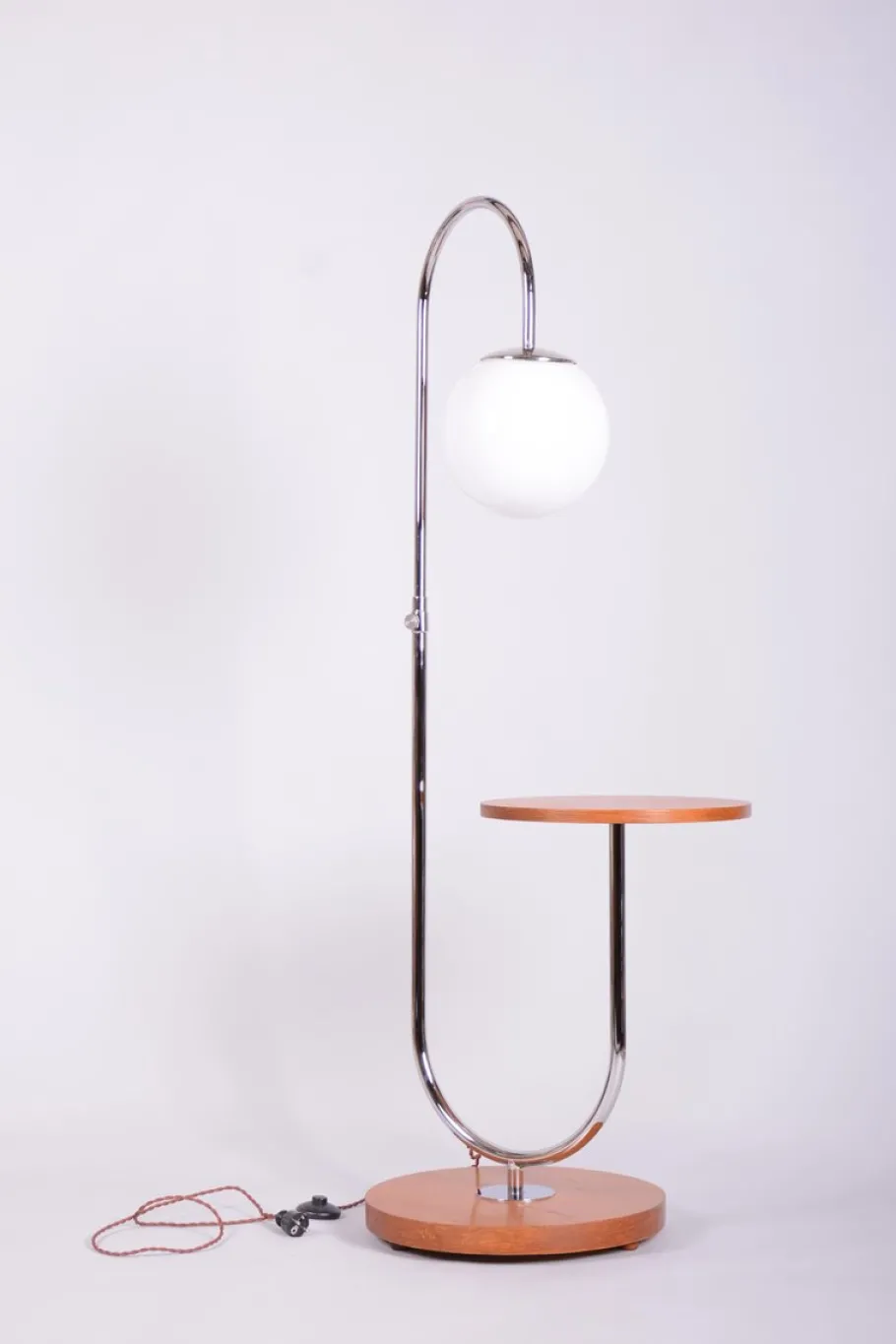 Outlet Pamono Czech Bauhaus Floor Lamp in Oak, Chrome and Glass attributed to Robert Slezak, 1930s