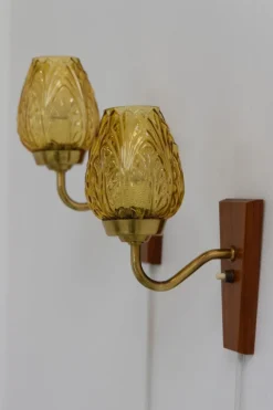 Clearance Pamono Danish Brass and Amber Glass Wall Sconces from Laoni, 1960s, Set of 2