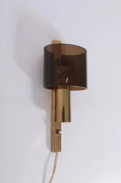 New Pamono Danish Gilt Brass & Smoked Acrylic Glass Sconce from Hassel & Teudt, 1960s