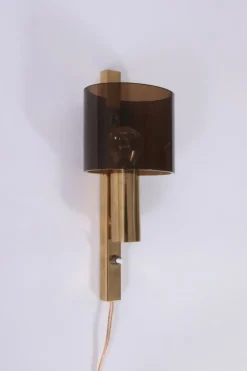 New Pamono Danish Gilt Brass & Smoked Acrylic Glass Sconce from Hassel & Teudt, 1960s