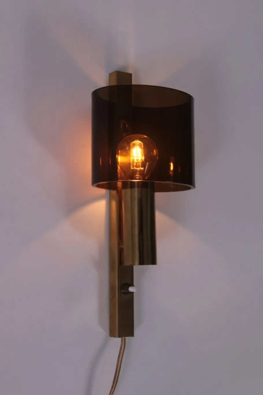 New Pamono Danish Gilt Brass & Smoked Acrylic Glass Sconce from Hassel & Teudt, 1960s