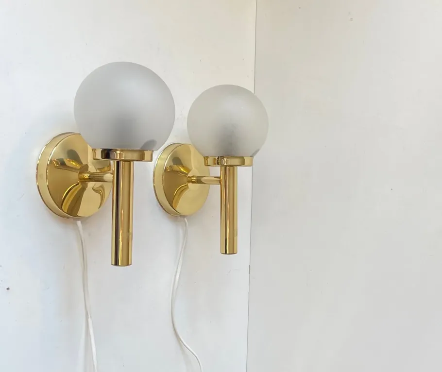 Clearance Pamono Danish Modern Brass and Frosted Glass Wall Sconces from Abo Metalkunst, 1970s, Set of 2