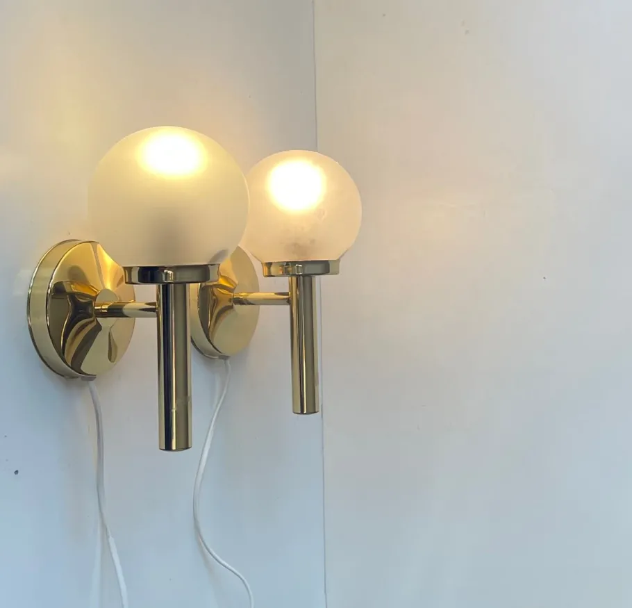 Clearance Pamono Danish Modern Brass and Frosted Glass Wall Sconces from Abo Metalkunst, 1970s, Set of 2