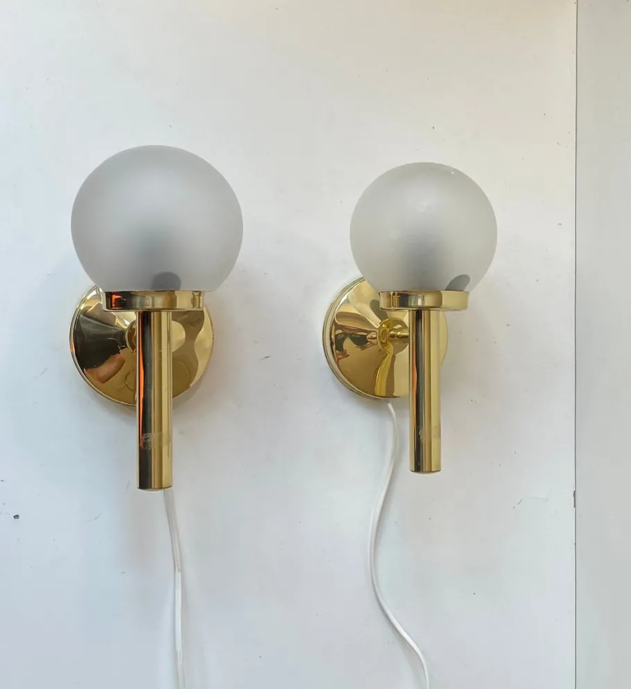 Clearance Pamono Danish Modern Brass and Frosted Glass Wall Sconces from Abo Metalkunst, 1970s, Set of 2