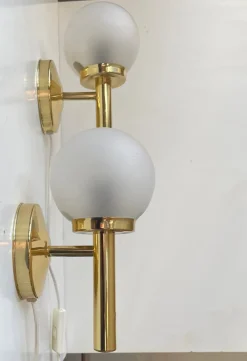 Clearance Pamono Danish Modern Brass and Frosted Glass Wall Sconces from Abo Metalkunst, 1970s, Set of 2