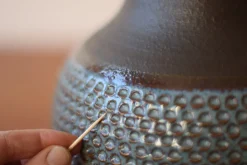 Online Pamono Danish Modern Dark Blue and Brown Ceramic Table Lamp with Lampshade by Einar Johansen for Søholm, 1960s