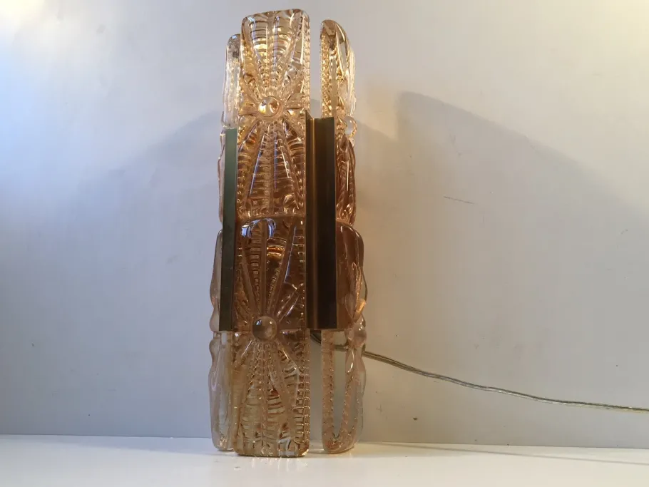 Clearance Pamono Danish Modern Sunburst Sconce in Amber Glass & Brass from Vitrika, 1960s