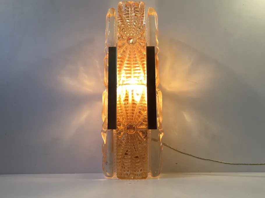 Clearance Pamono Danish Modern Sunburst Sconce in Amber Glass & Brass from Vitrika, 1960s