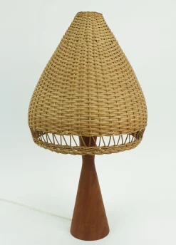 Clearance Pamono Danish Modern Table Lamp in Teak and Rattan, 1960s