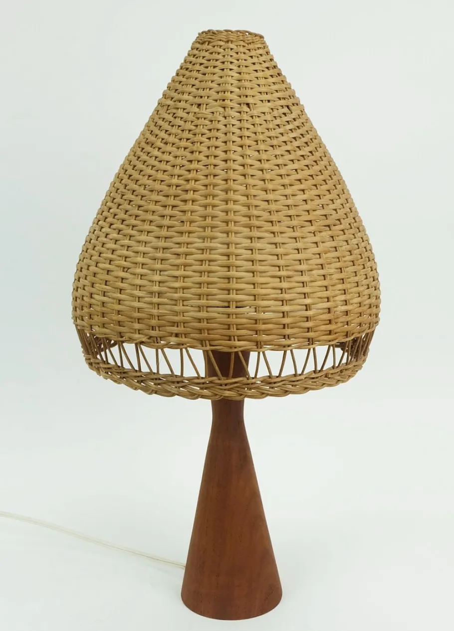 Clearance Pamono Danish Modern Table Lamp in Teak and Rattan, 1960s