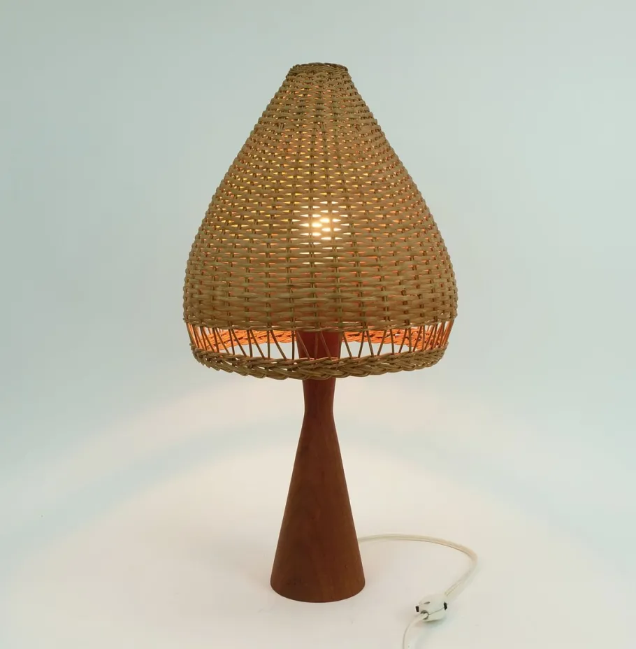 Clearance Pamono Danish Modern Table Lamp in Teak and Rattan, 1960s