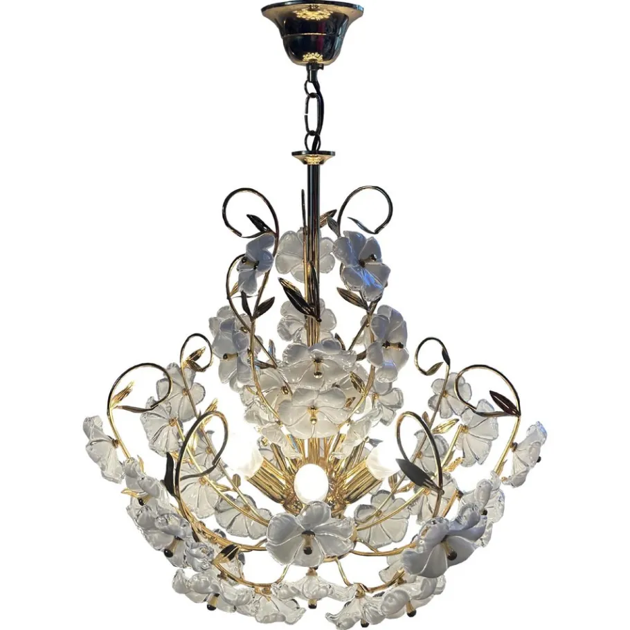 Hot Pamono Dew and Gold Murano White Flowers Chandelier, 1980s