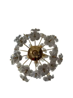 Hot Pamono Dew and Gold Murano White Flowers Chandelier, 1980s