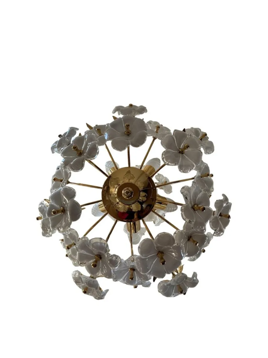Hot Pamono Dew and Gold Murano White Flowers Chandelier, 1980s