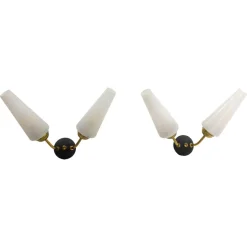 Sale Pamono Double Sconces in Glass Black & Golden Metal in the style of Arlus, France, 1960, Set of 2