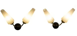 Sale Pamono Double Sconces in Glass Black & Golden Metal in the style of Arlus, France, 1960, Set of 2