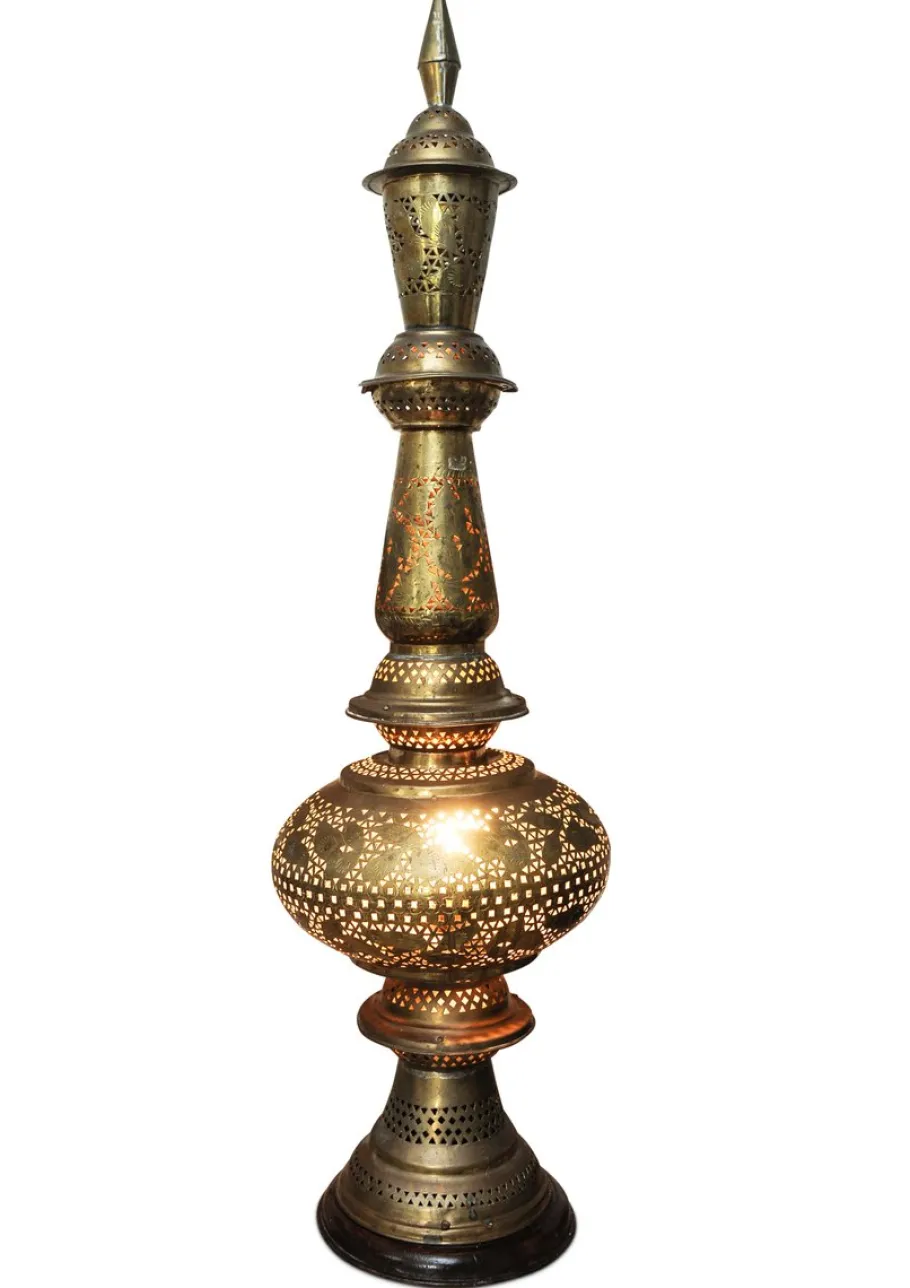 Online Pamono Early 20th Century Middle Eastern Handmade Art Brass Decorative Table Lamp with Pierced Detailing on Wooden Base