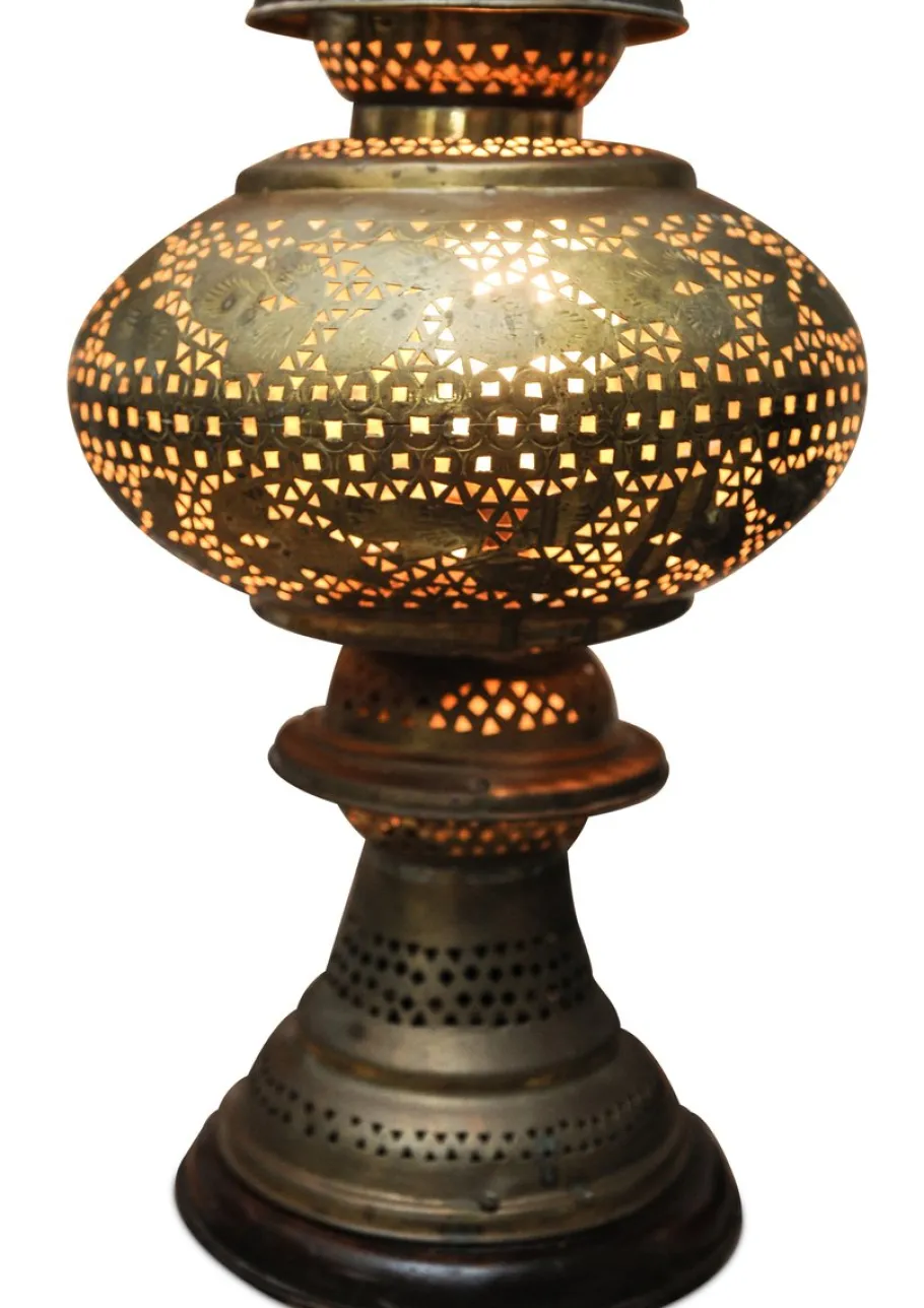 Online Pamono Early 20th Century Middle Eastern Handmade Art Brass Decorative Table Lamp with Pierced Detailing on Wooden Base