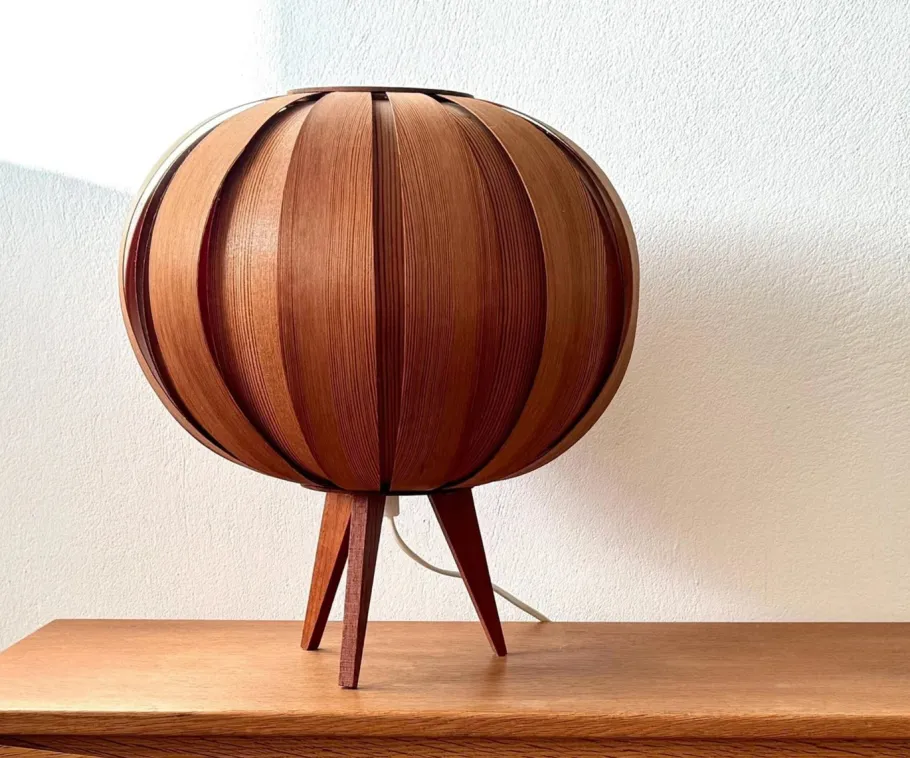 New Pamono Ellysett Pumpkin Table Lamp in Bentwood on Tripod Stand by Hans Agne Jakobsson for Markaryd, Sweden, 1960s