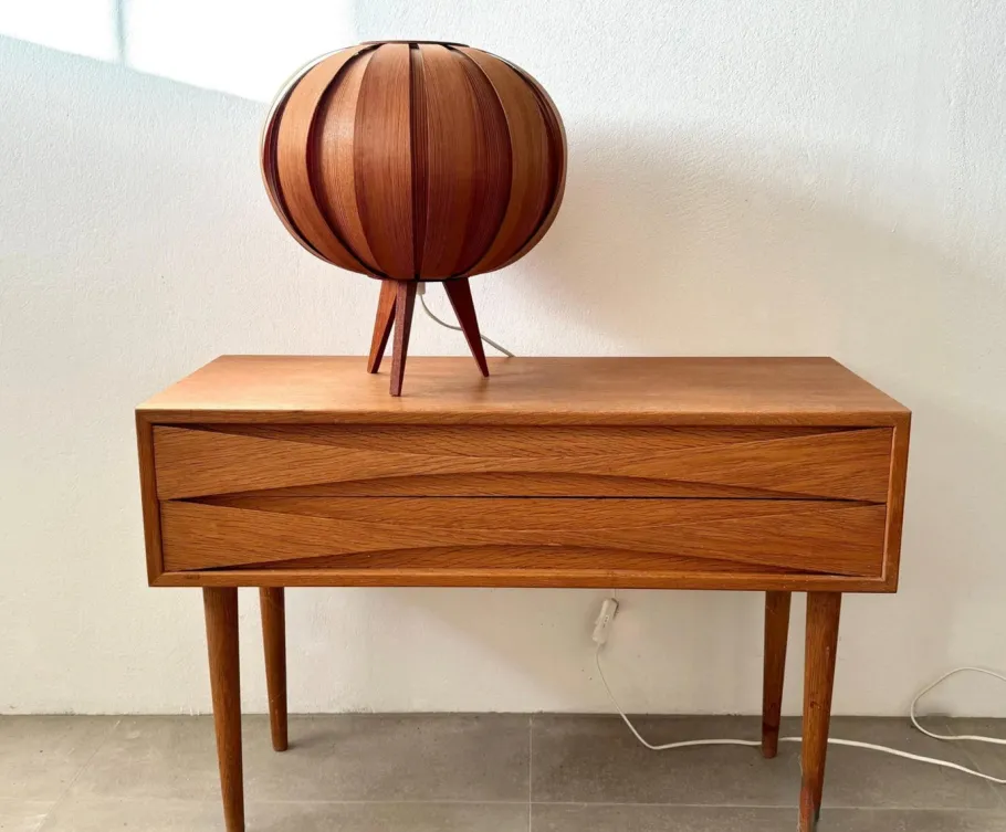 New Pamono Ellysett Pumpkin Table Lamp in Bentwood on Tripod Stand by Hans Agne Jakobsson for Markaryd, Sweden, 1960s