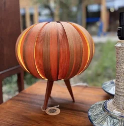 New Pamono Ellysett Pumpkin Table Lamp in Bentwood on Tripod Stand by Hans Agne Jakobsson for Markaryd, Sweden, 1960s