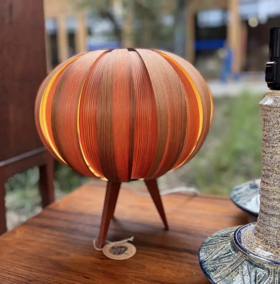 New Pamono Ellysett Pumpkin Table Lamp in Bentwood on Tripod Stand by Hans Agne Jakobsson for Markaryd, Sweden, 1960s