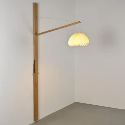 Clearance Pamono Elm Floor Lamp with Pleated Paper Shade, France, 1970s