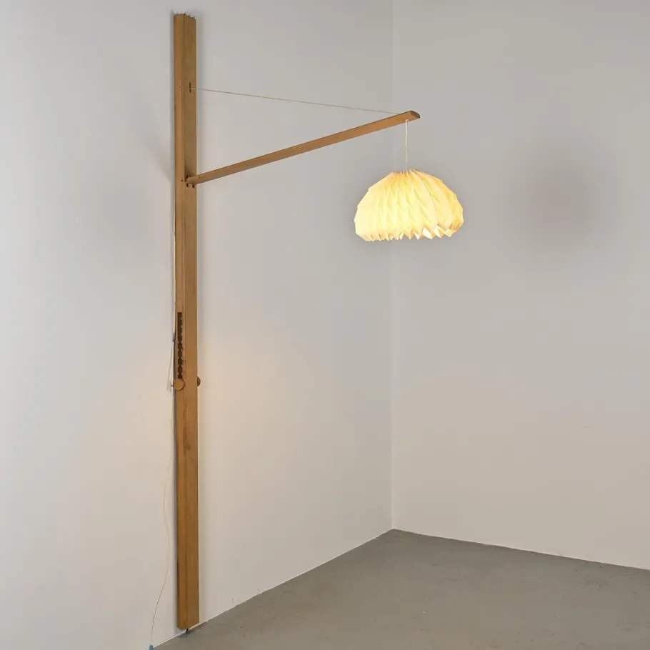 Clearance Pamono Elm Floor Lamp with Pleated Paper Shade, France, 1970s