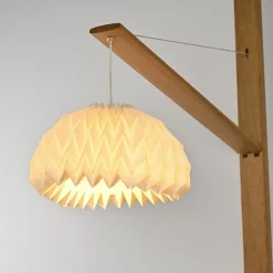 Clearance Pamono Elm Floor Lamp with Pleated Paper Shade, France, 1970s