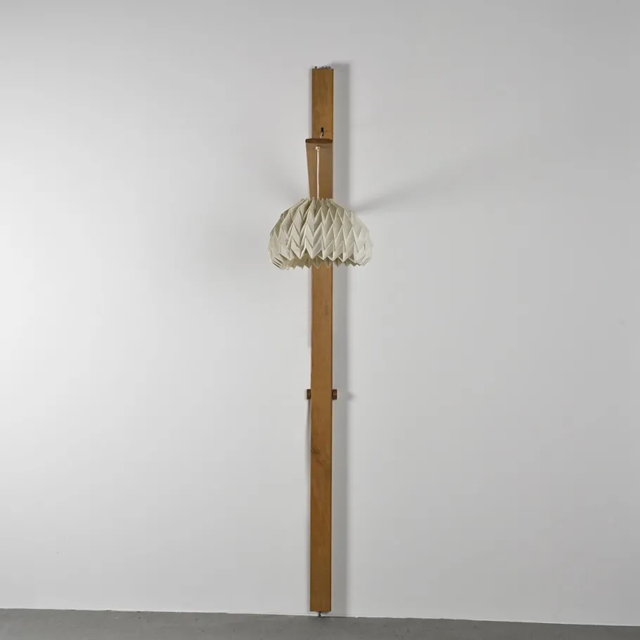 Clearance Pamono Elm Floor Lamp with Pleated Paper Shade, France, 1970s