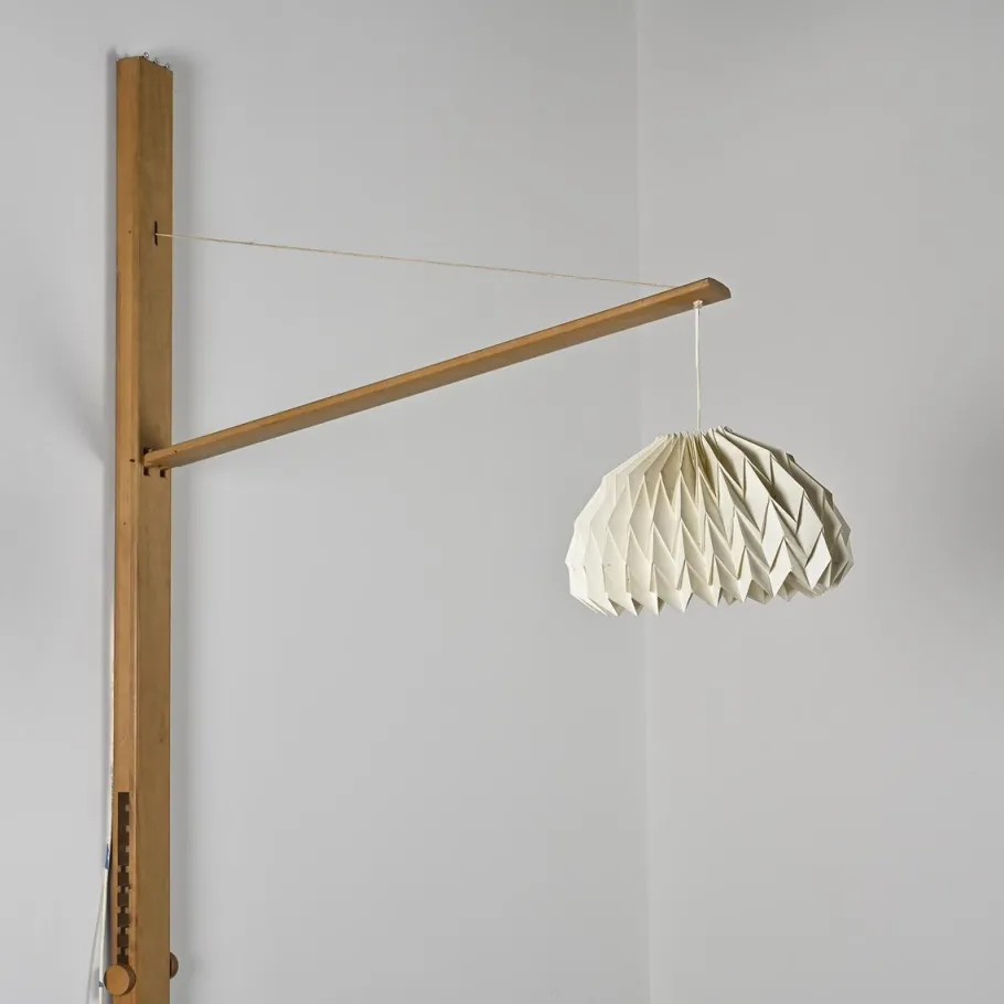 Clearance Pamono Elm Floor Lamp with Pleated Paper Shade, France, 1970s