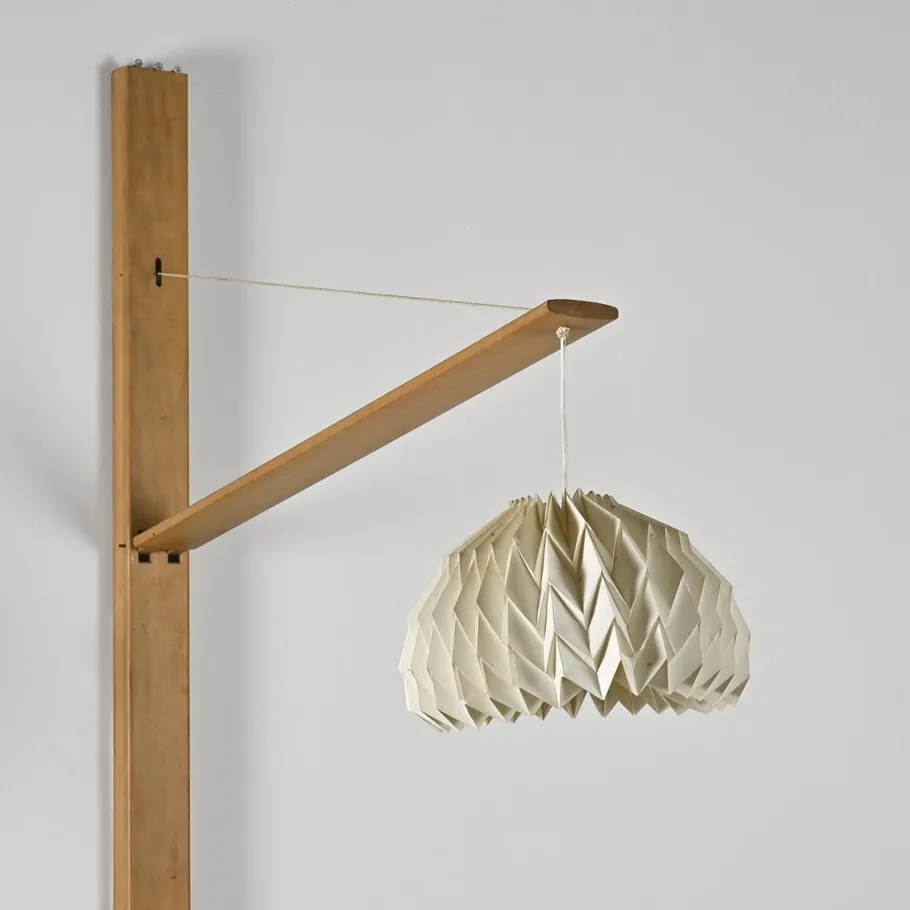 Clearance Pamono Elm Floor Lamp with Pleated Paper Shade, France, 1970s