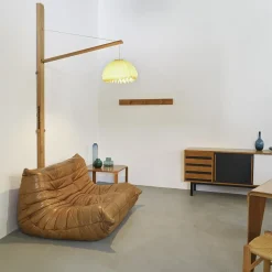 Clearance Pamono Elm Floor Lamp with Pleated Paper Shade, France, 1970s