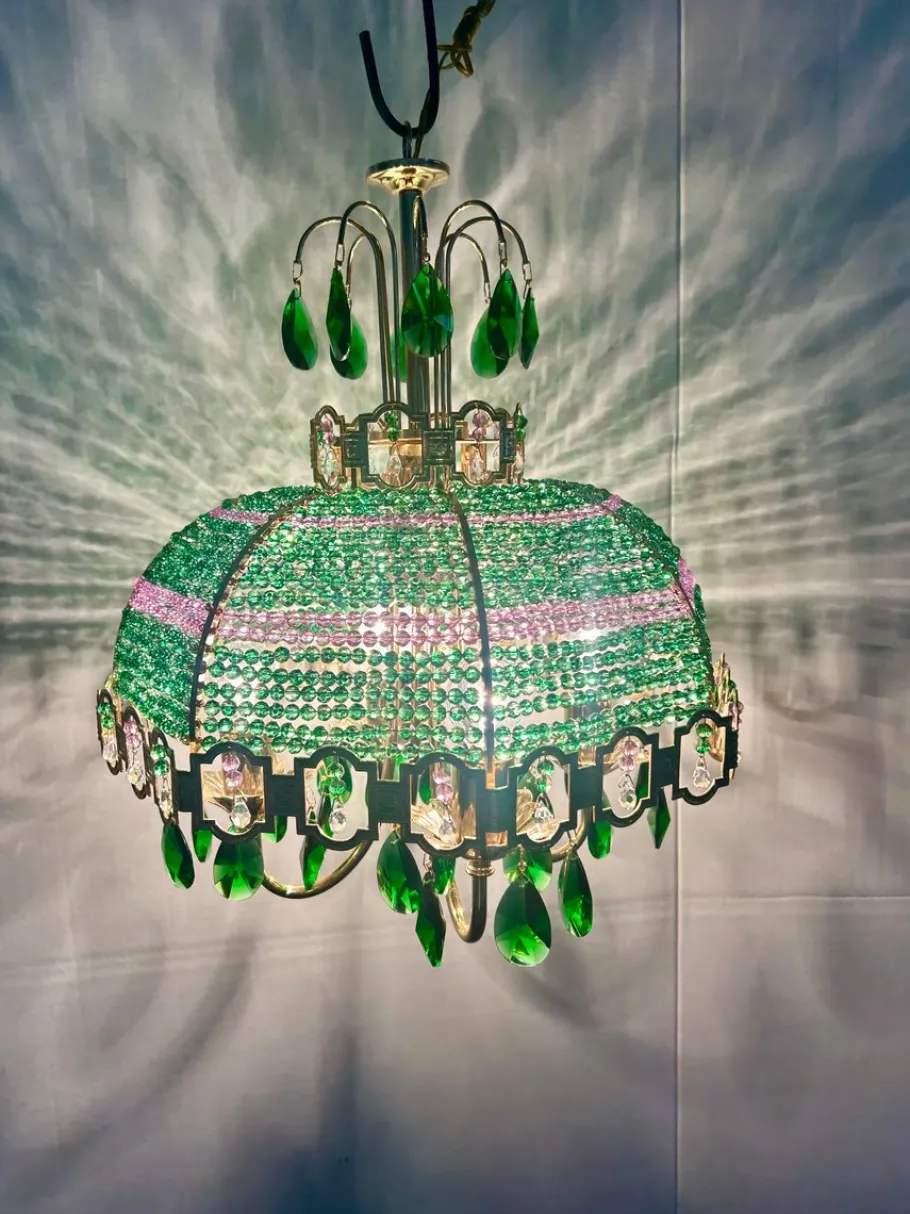 Clearance Pamono Empire Chandelier with Green and Purple Beads, 1960s