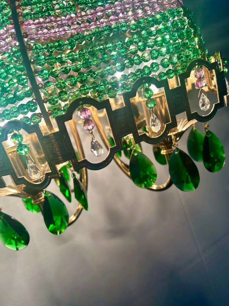 Clearance Pamono Empire Chandelier with Green and Purple Beads, 1960s