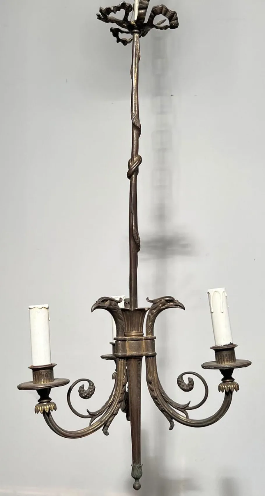 Hot Pamono Empire Style Bronze 3-Light Chandelier with Eagle Heads, France, 1900