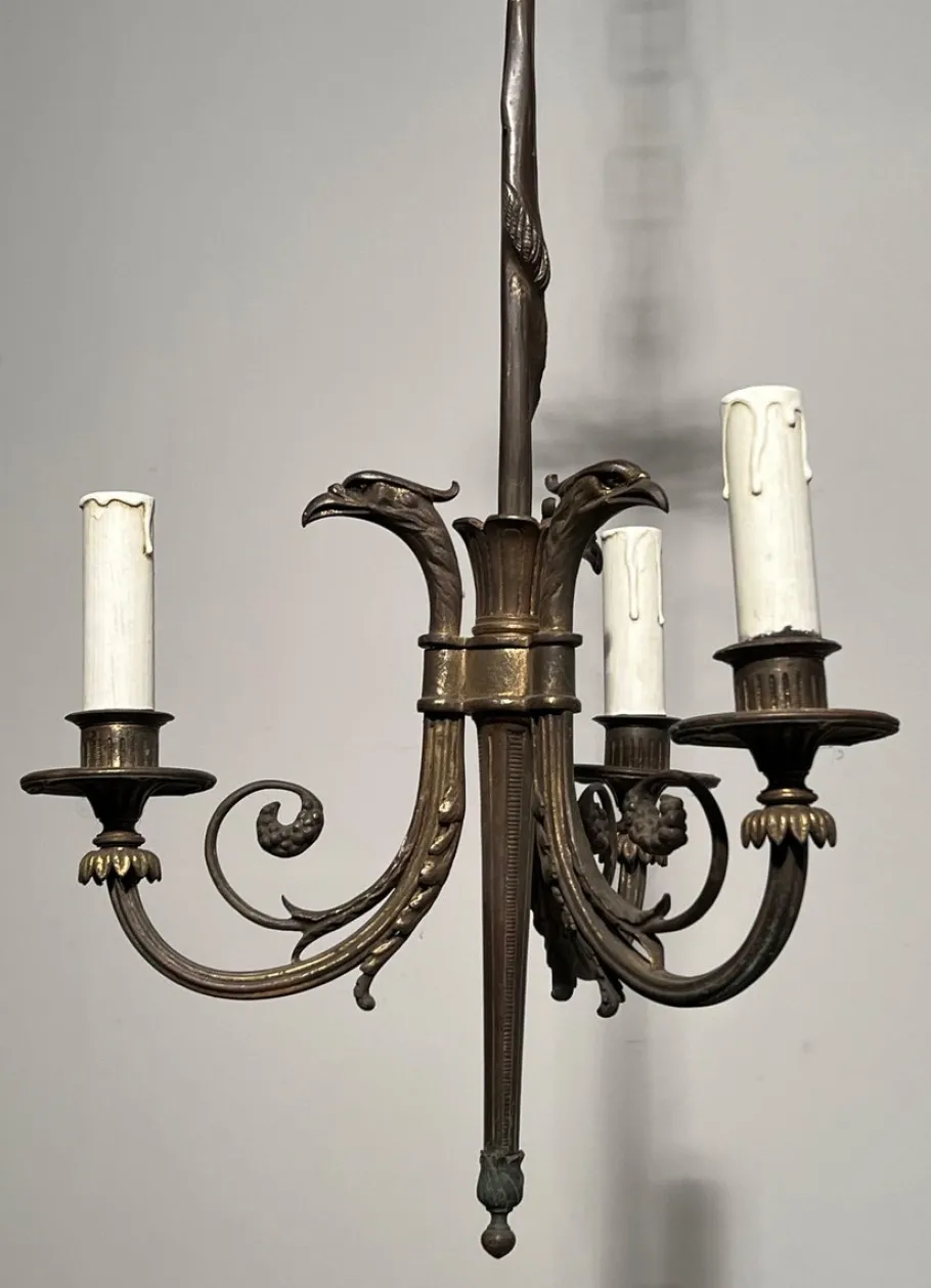Hot Pamono Empire Style Bronze 3-Light Chandelier with Eagle Heads, France, 1900