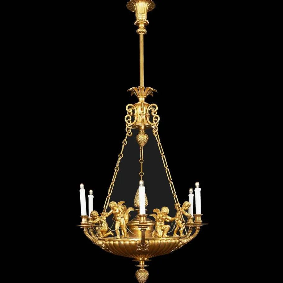 Clearance Pamono Empire Style Chandelier in Gilded Bronze with Cherubs, 1950s