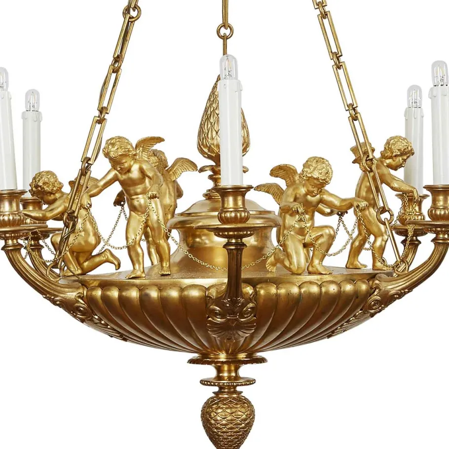 Clearance Pamono Empire Style Chandelier in Gilded Bronze with Cherubs, 1950s
