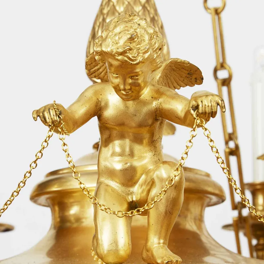 Clearance Pamono Empire Style Chandelier in Gilded Bronze with Cherubs, 1950s