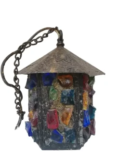 Best Pamono English Arts & Crafts Glass, Lead & Hammered Sheet Metal Porch Lantern by Peter Marsh, 1950s
