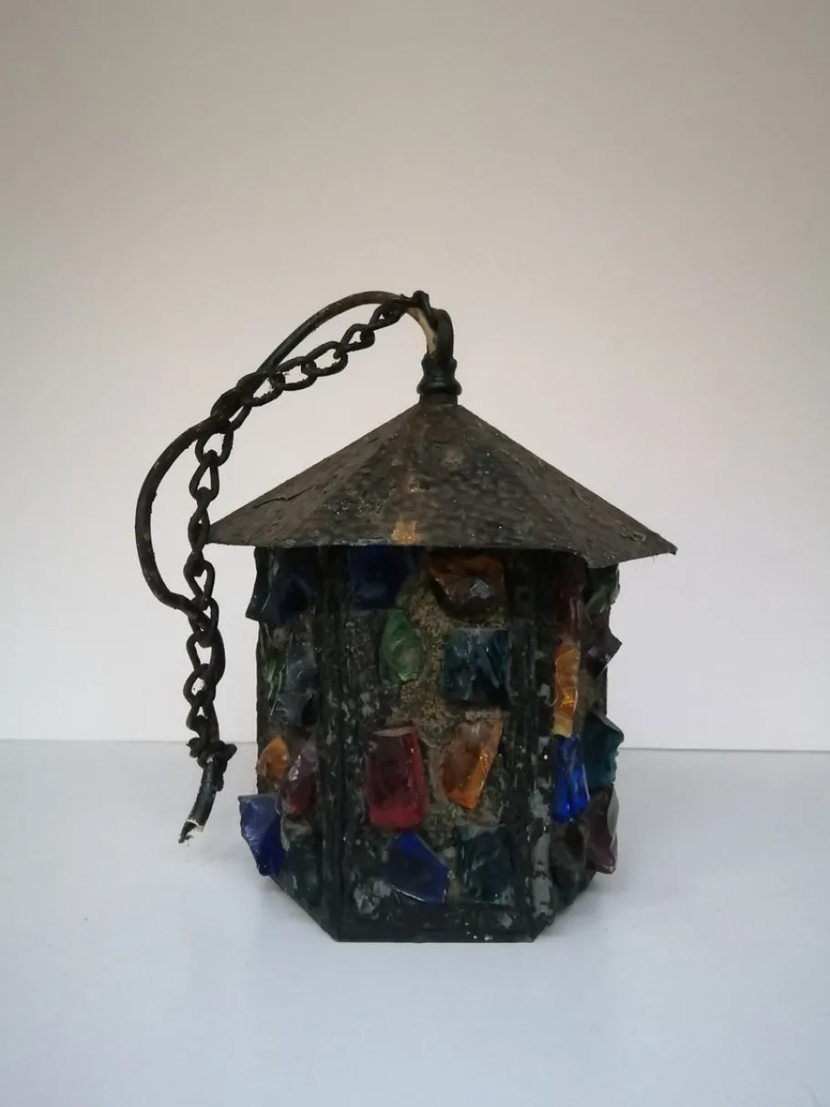 Best Pamono English Arts & Crafts Glass, Lead & Hammered Sheet Metal Porch Lantern by Peter Marsh, 1950s
