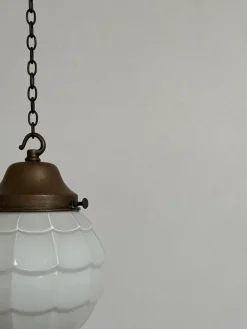 New Pamono English Opaline Milk Glass Church Pendant with Webbed Detail, 1930s