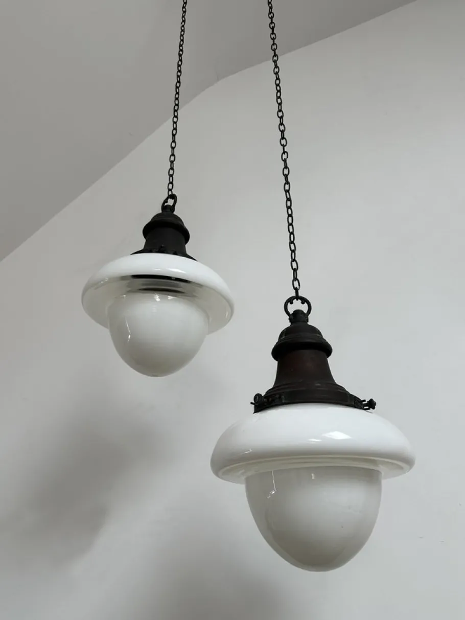 Hot Pamono English 2-Tone Opaline Milk Glass Church Pendant, 1920s