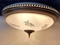 Online Pamono Flat Vintage Ceiling Lamp with Patinated Brass Frame and Partially Frosted Glass Shade