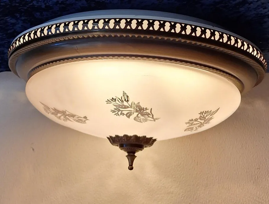 Online Pamono Flat Vintage Ceiling Lamp with Patinated Brass Frame and Partially Frosted Glass Shade