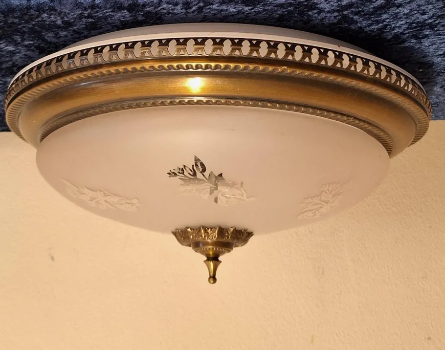 Online Pamono Flat Vintage Ceiling Lamp with Patinated Brass Frame and Partially Frosted Glass Shade