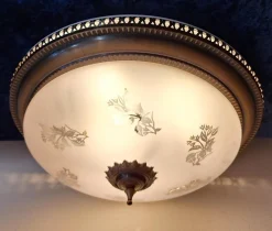 Online Pamono Flat Vintage Ceiling Lamp with Patinated Brass Frame and Partially Frosted Glass Shade