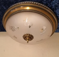 Online Pamono Flat Vintage Ceiling Lamp with Patinated Brass Frame and Partially Frosted Glass Shade